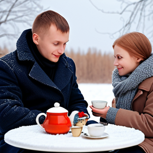 Home 8 A cozy Estonian couple sharing tea on a snowy day, subtle romantic gestures, winter flowers, soft focus.