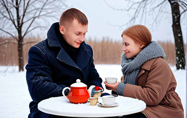 A cozy Estonian couple sharing tea on a snowy day, subtle romantic gestures, winter flowers, soft focus.